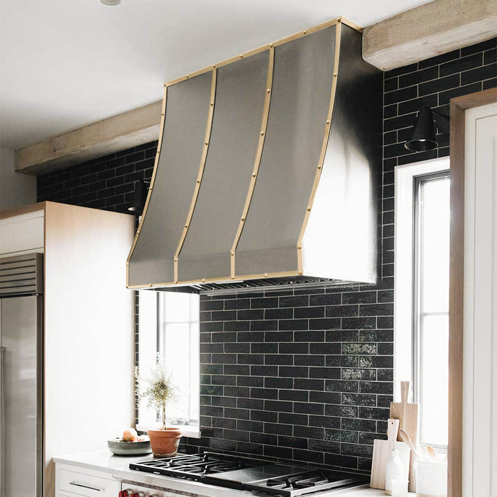 Stainless Steel Designer Kitchen Hoods with Sloped Shape Brass Straps H8-4TR-B for Randy