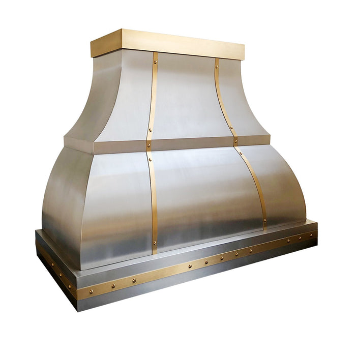 RHM Curved Stainless Steel Custom Range Hoods with Brass Accents for Jennie