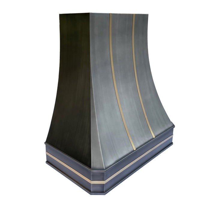 brushed gray range hood with brass straps