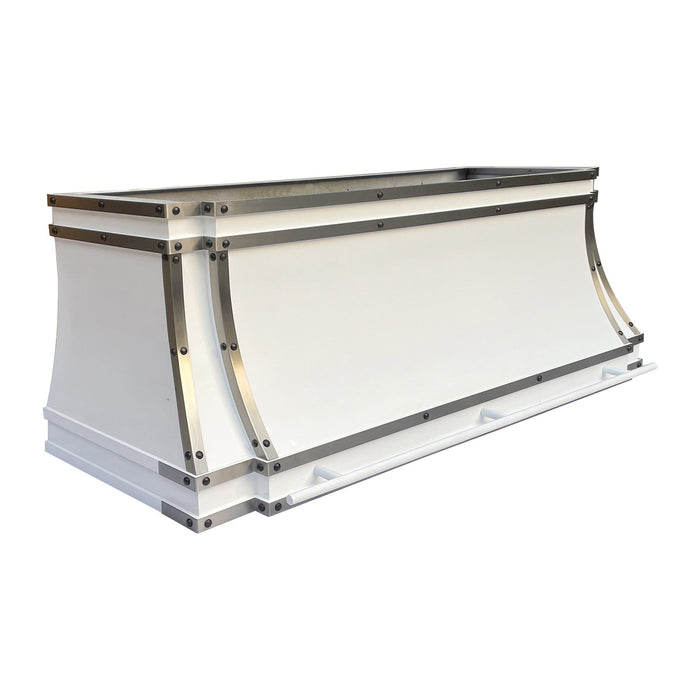 range hood with brushed stainless steel straps