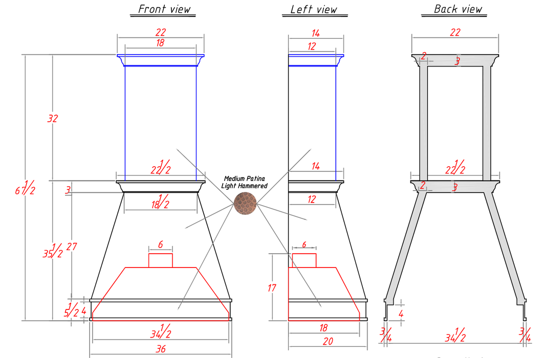RHM Custom Copper Range Hood with Chimney and Custom Apron Design for Anne's Project