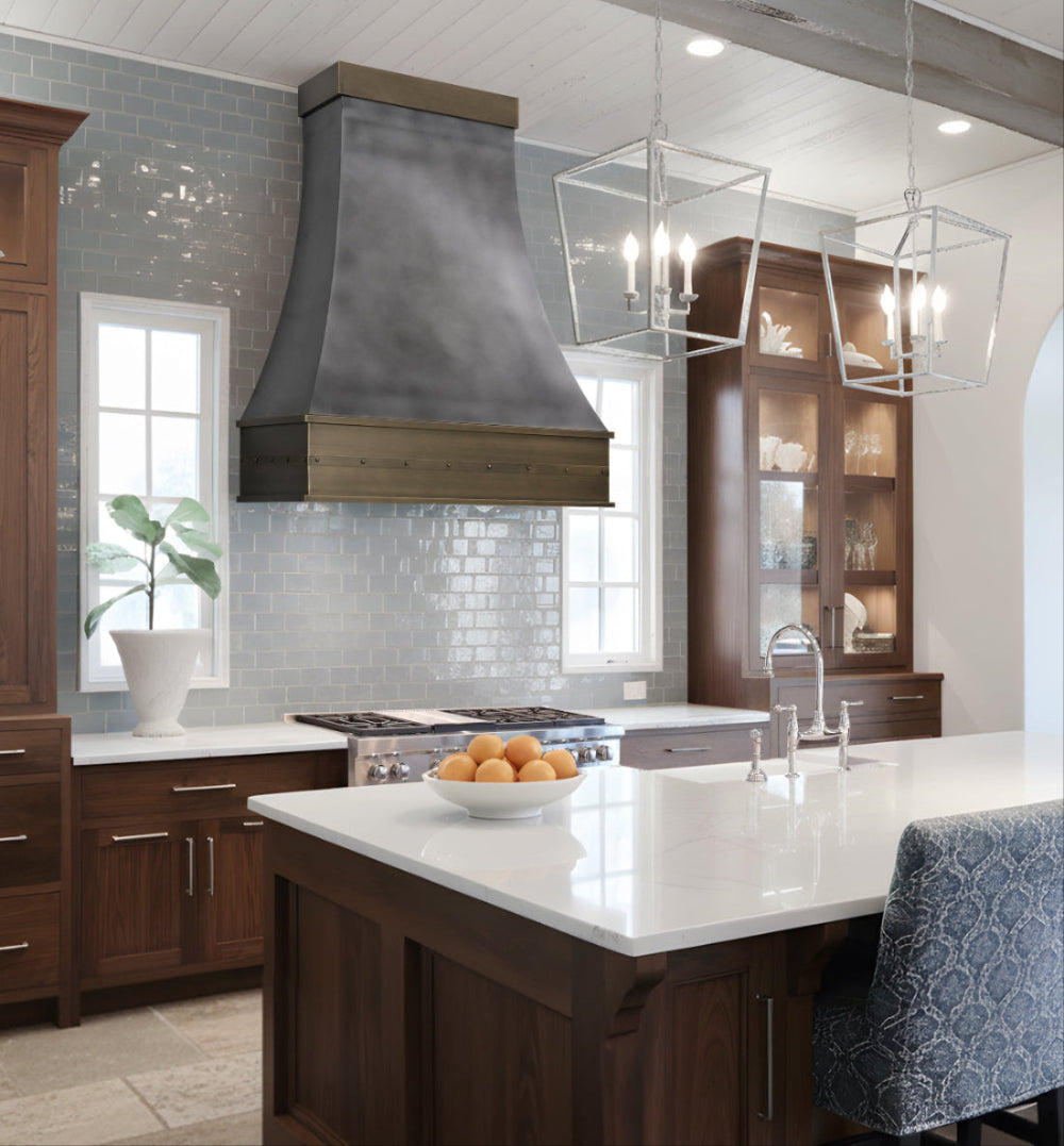 RHM Custom Darken Zinc Range Hood with Brushed Brass Trims and Crown Z ...