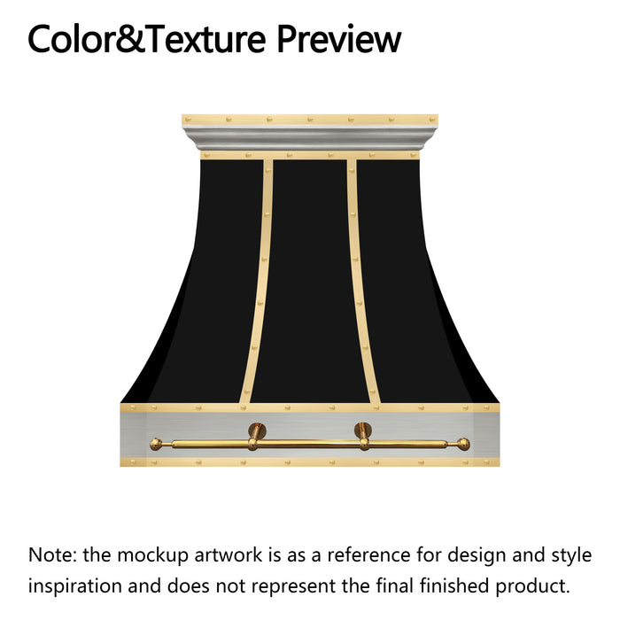 RHM Curve Black Range Hood with Brass Rivets and Pot Rack H3-3ETR for Emily