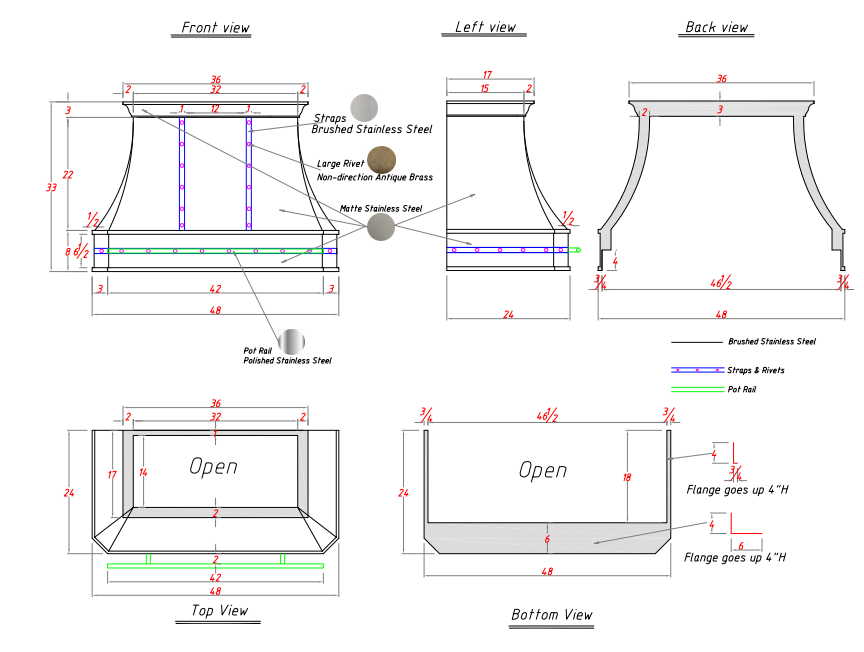 RHM Curved Stainless Steel Custom Range Hood with bands & pot rail H3-C-1 for Carlos