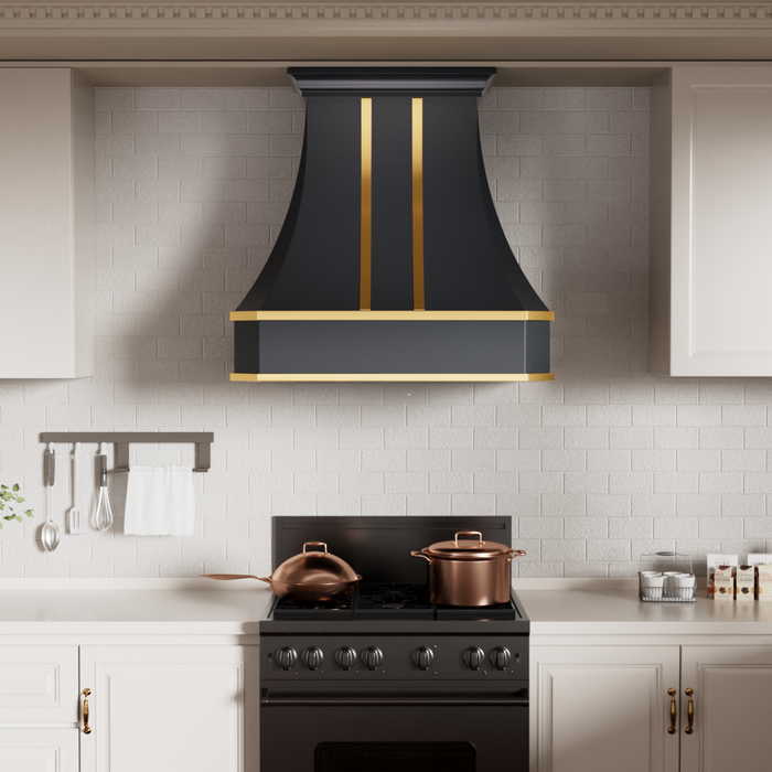 RHM Black and Gold Matte Stainless Steel Custom Vent Hoods with Cut Off Edge SH3-C2T