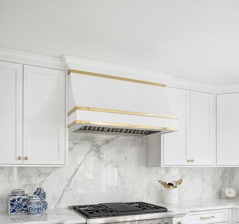 White Angled Stainless Steel Custom Range Hoods with Brass Bands