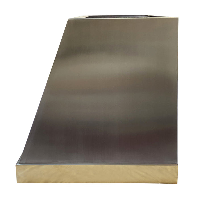 Angled Brushed Stainless Steel Custom Range Hood with brushed brass apron