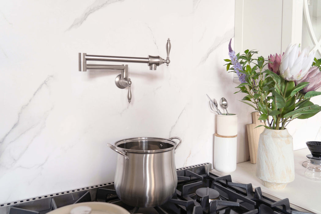 RHM Wall Mount Folding Stretchable Two Handles Pot Filler Faucet_Only for purchase with range hood