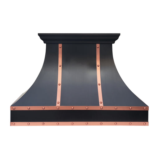 Matte black kitchen hood with copper rivet trim