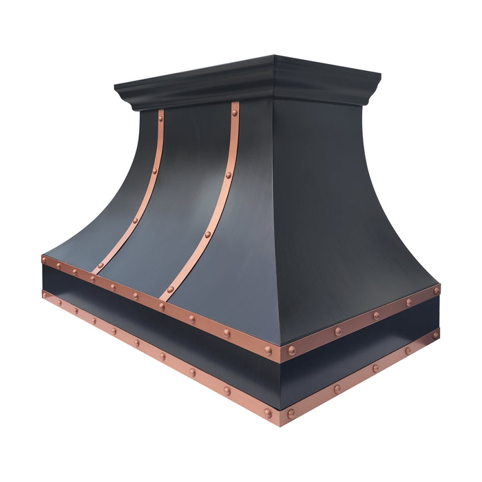 Custom copper-trimmed black range hood