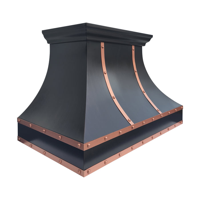 Transitional kitchen hood, black and copper design