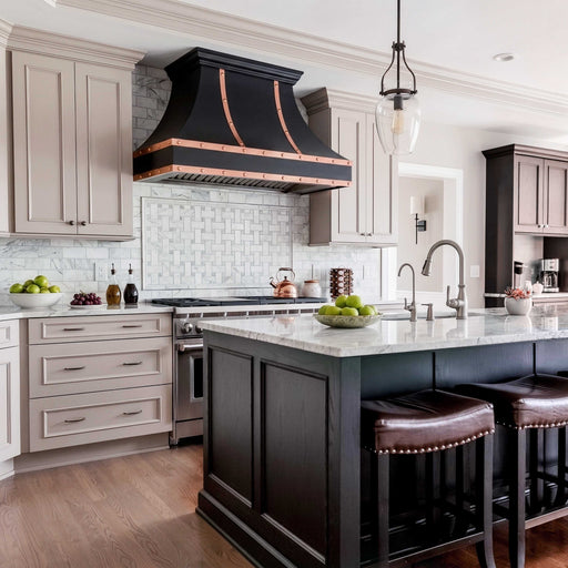 Black range hood with copper accents