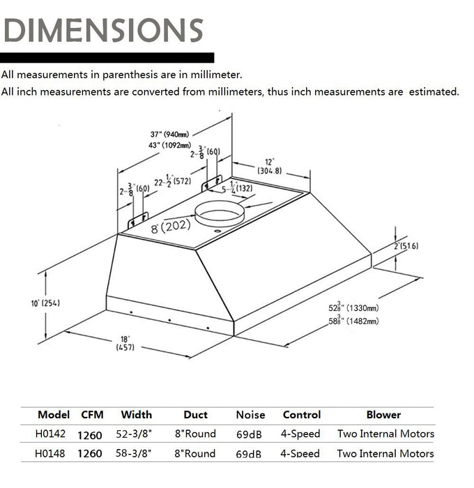 54”Hood Liner/Hood Insert + 1260CFM Internal Motor(8”Round Duct)