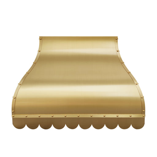 Brass range hood with  scalloped apron design for luxury kitchens