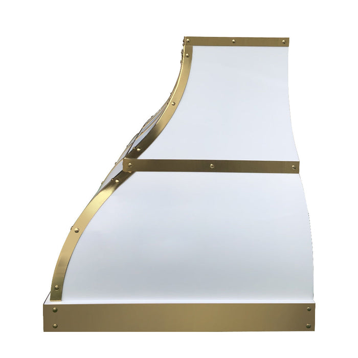 Custom White Stainless Steel Handcrafted Range Hood with Brass Straps