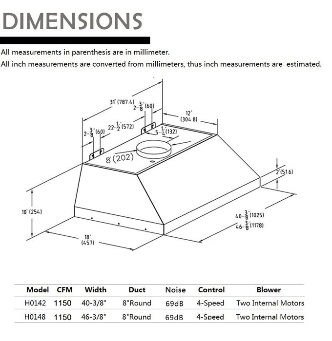 48 inches stainless steel  hood liner diagram