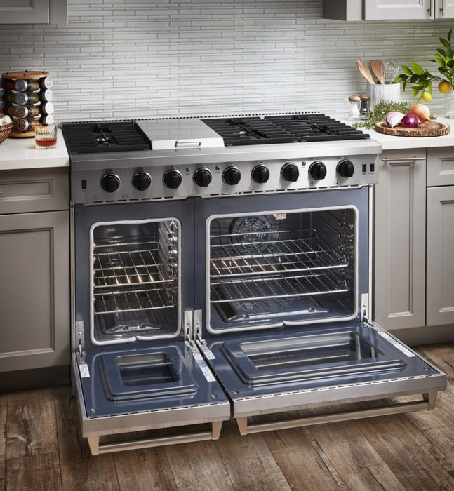 48 in. 6.8 cu. ft. Double Oven Gas Range in Stainless Steel with Griddle 6-Burners KEF4807-GS