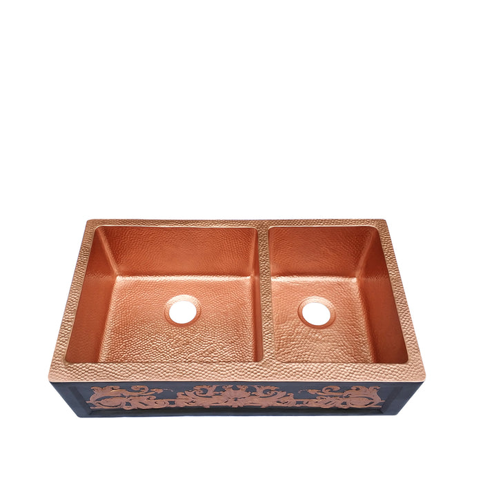 Copper Farmhouse Kitchen Sink 60/40 Double Bowl, Dark, Heavy Hammered, Style As Shown