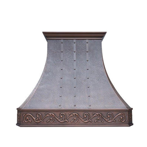custom cooper kitchen hood with scroll pattern
