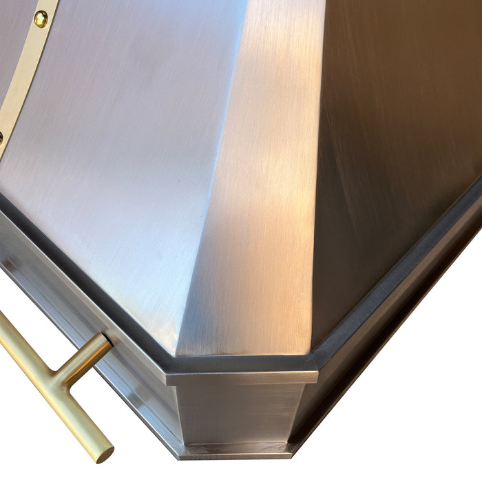 Curved Stainless Steel Custom Kitchen Hood with Brushed Brass Straps for Brian