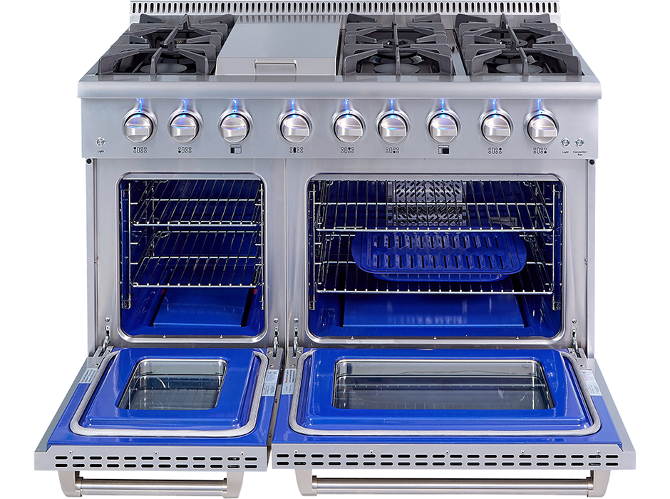 Thor Kitchen 48 in. Gas Fuel Range in Stainless Steel with Convection Fan 6 Burners 6.7 cu. ft. Double Ovens