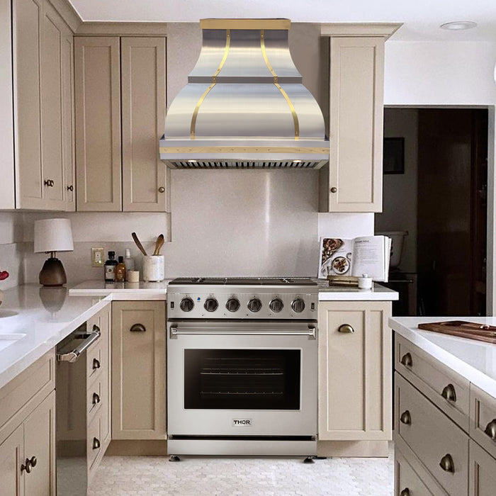 Kitchen Package Curved  Stainless Steel Custom Range Hoods and Gas Range in Stainless Steel