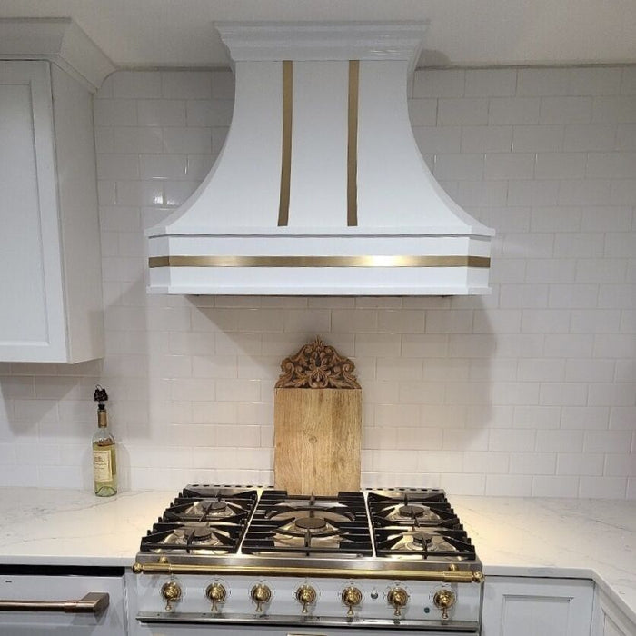 Sweep White Stainless Steel Custom Range Hood with Brass Bands SH3-C-2STRM-WH