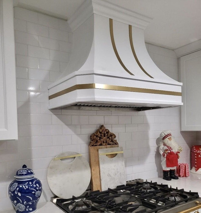 Sweep White Stainless Steel Custom Range Hood with Brass Bands for Ryan