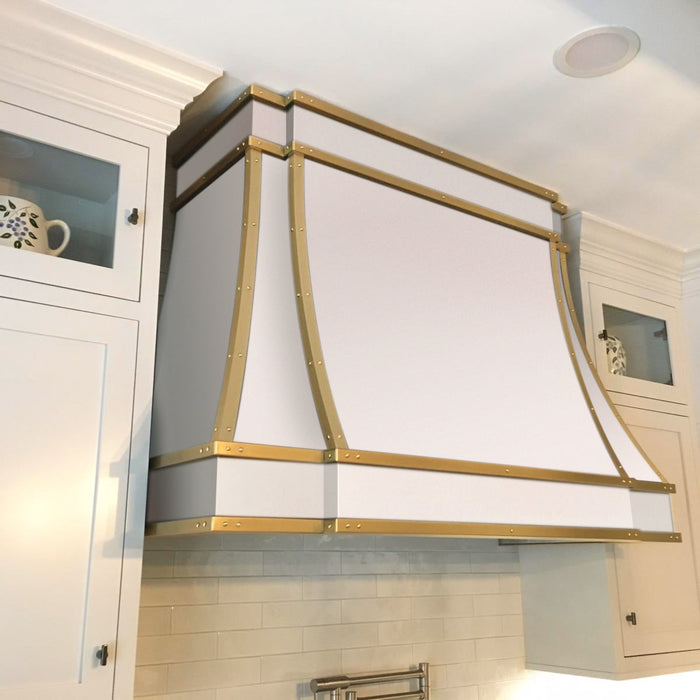 Sweep White Stainless Steel Custom Range Hood with Brass Trims for Luiza