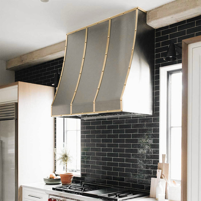 Stainless Steel Designer Kitchen Hoods with Sloped Shape Brass Straps SH8-4TR-B