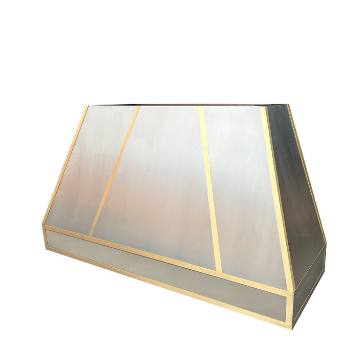 stainless steel range hood with brushed brass straps 