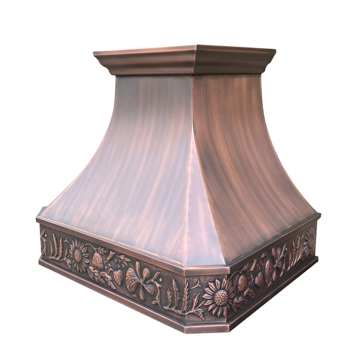 Rustic-copper-range -hood -with-floral-apron