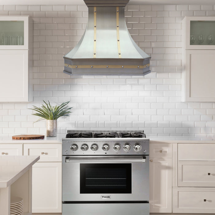 Thor Oven Gas Range & Sweep Stainless Brass Accent Custom Range Hood Package For Kitchen Renovation