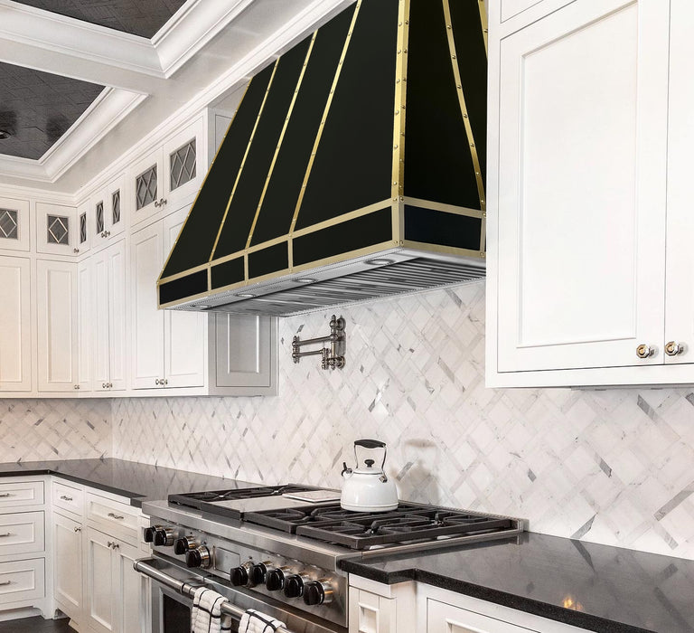Black Taper Stainless Steel Custom Kitchen Hoods with Brushed Brass Straps SH31-6TR