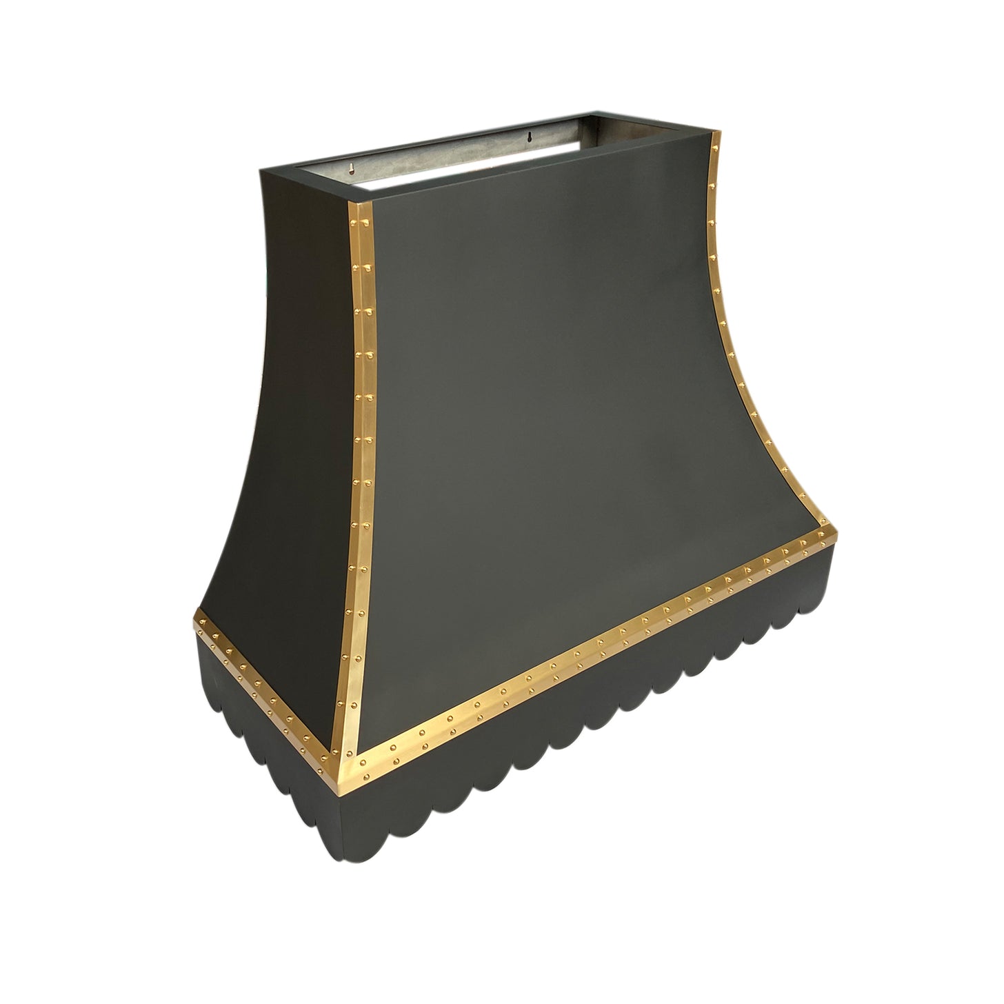 RHM Scalloped Black Stainless Steel Custom Range Hood with Brass Trim