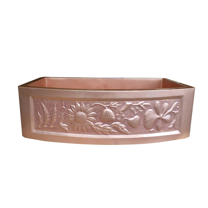 Copper Rounded Apron Front Kitchen Sink Single Bowl, Smooth Penny, Sunflower Design