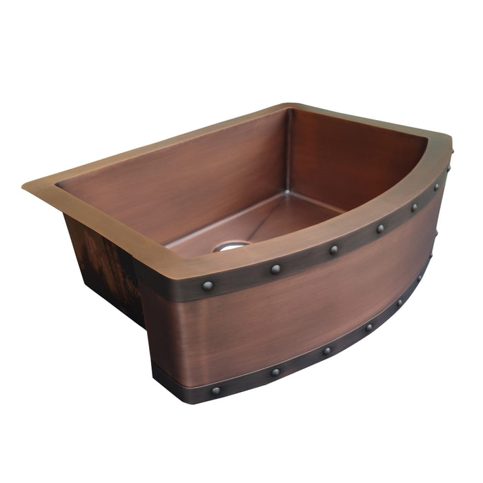 Copper Rounded Apron Front Kitchen Sink Single Bowl, Smooth Medium, Leather Strap Apron