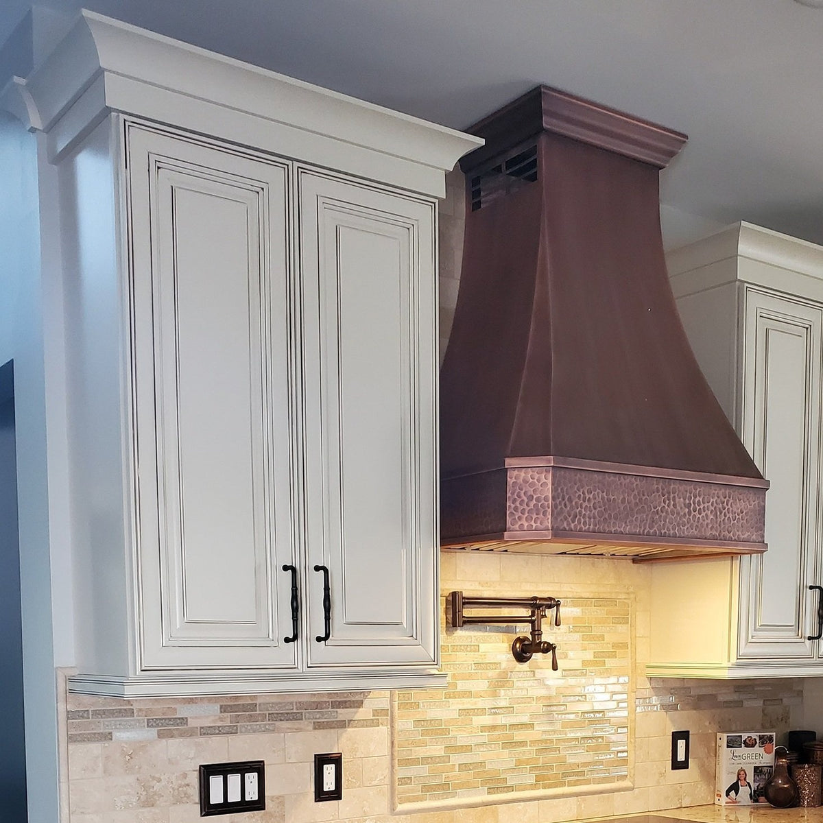 Scalloped Black Stainless Steel Custom Range Hood with Brass Trim SH32R