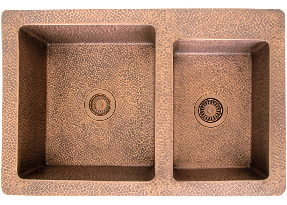Copper Kitchen Sink Double Bowl 70/30 Offset 33" x 22" x 9-1/2" (In-Stock) Copper Tailor