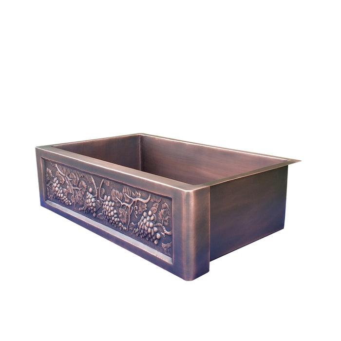 Copper Apron-Front Kitchen Sink Single Bowl, Medium, Smooth, Grapevines Design