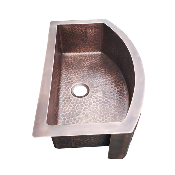 Copper Rounded Apron Front Kitchen Sink Single Bowl, Medium, Light Hammered, Scroll Design