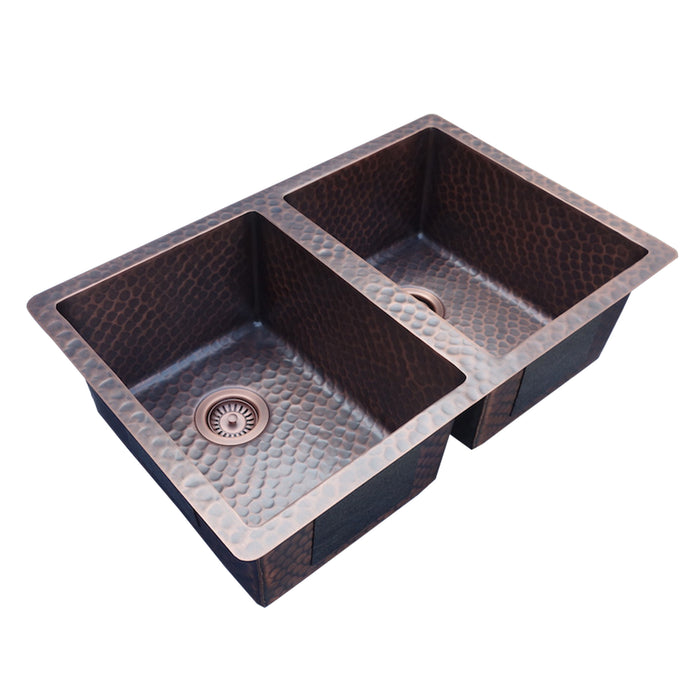 Copper Undermount Kitchen Sink 50/50 Offset Equal Double Bowl, Medium, Light Hammered