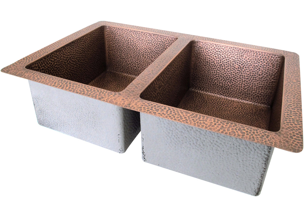 Copper Kitchen Sink Double Bowl 50/50 Offset 33" x 22" x 9-1/2" (In-Stock) Copper Tailor