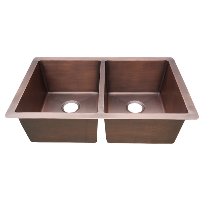 Copper Undermount Kitchen Sink 50/50 Offset Equal Double Bowl, Medium, Smooth