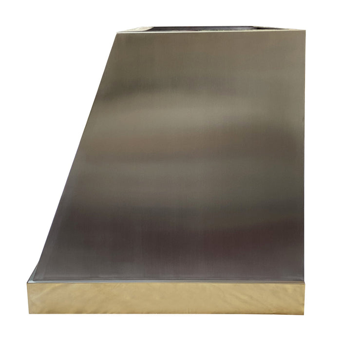 Angled Brushed Stainless Steel Custom Range Hood with Brass Trim for Michael