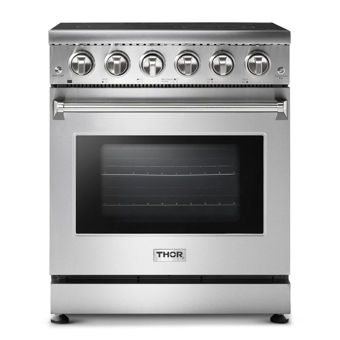 Kitchen Suite Thor Professional Electric Range and Curved Stainless Steel Range Hood SH3C-2STRM-HRE